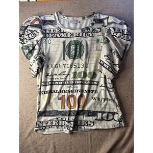 Swag A Posh Ruffle Puff Sleeve 3x 100 Dollar Bill Top